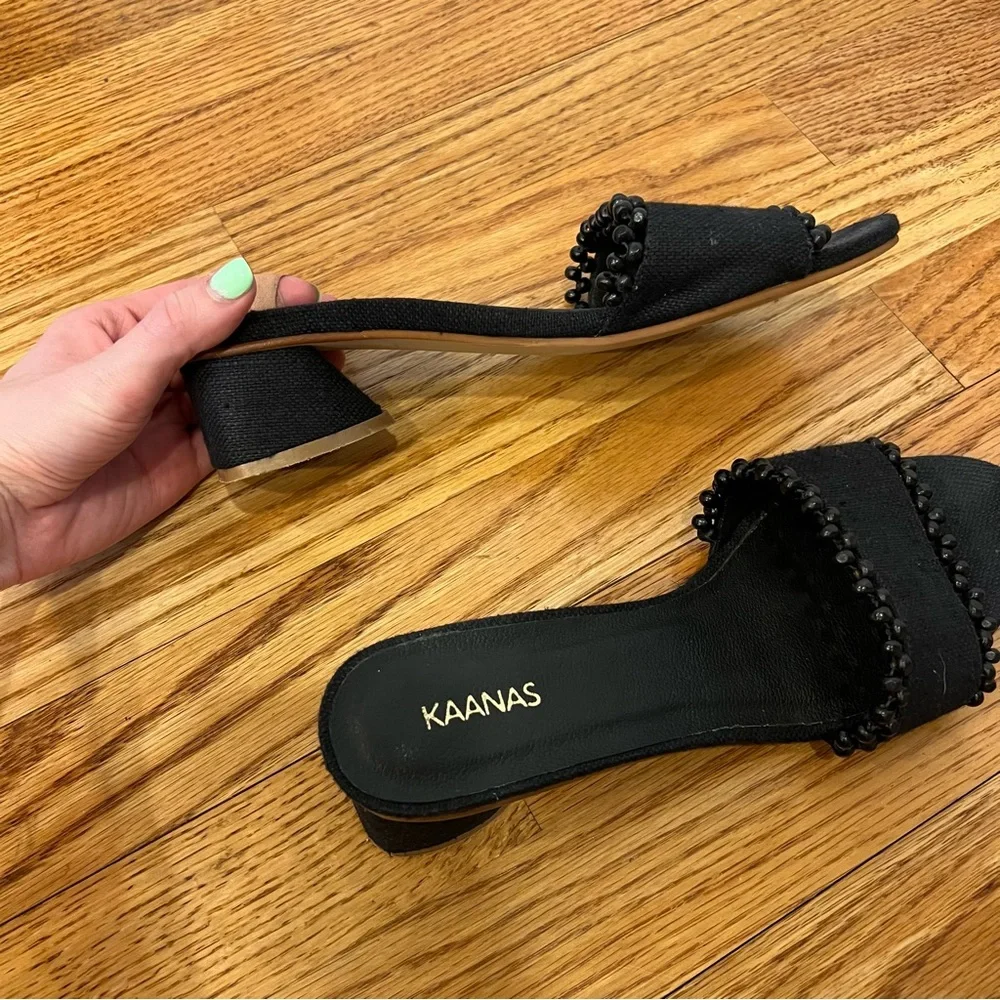 Kaanas Cairo Asymmetric Linen Heel in Black kitten heel beaded canvas sandal 8 - Picture 6 of 8